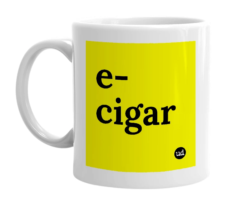 White mug with 'e-cigar' in bold black letters