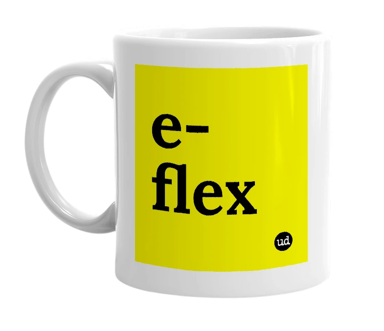 White mug with 'e-flex' in bold black letters