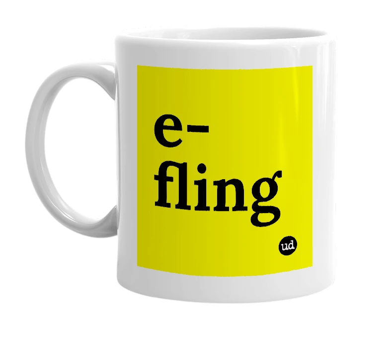 White mug with 'e-fling' in bold black letters
