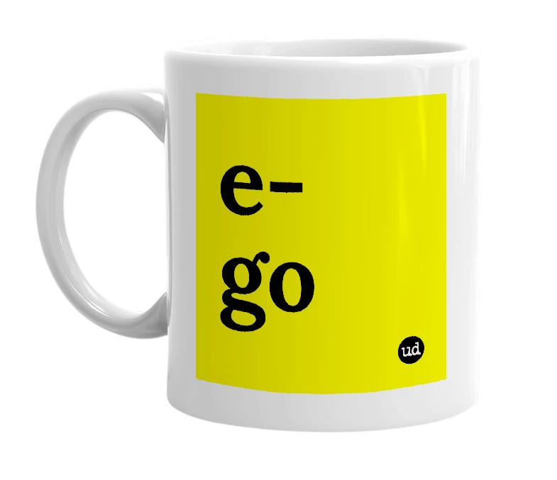 White mug with 'e-go' in bold black letters