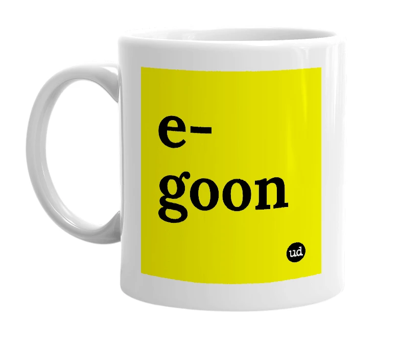 White mug with 'e-goon' in bold black letters