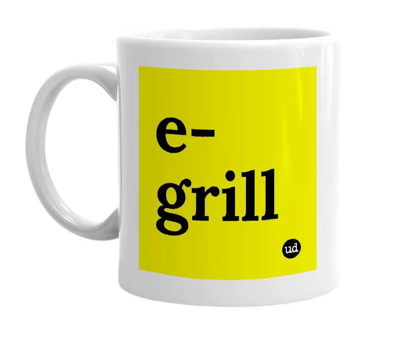 White mug with 'e-grill' in bold black letters