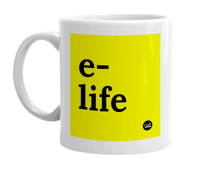 White mug with 'e-life' in bold black letters