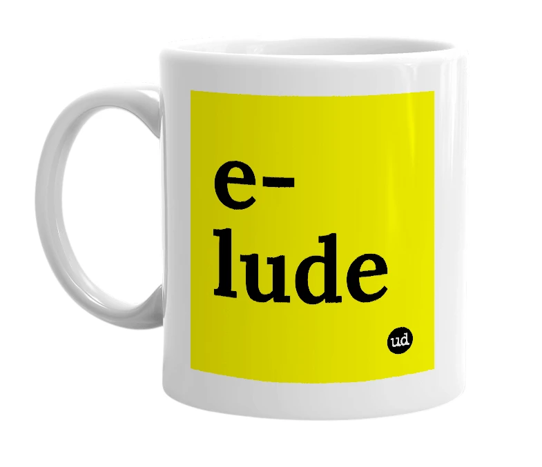 White mug with 'e-lude' in bold black letters