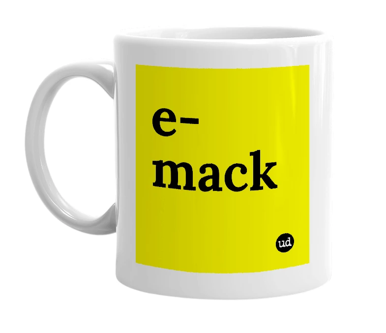 White mug with 'e-mack' in bold black letters