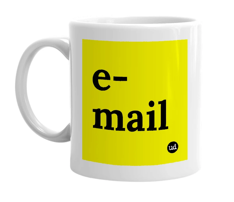 White mug with 'e-mail' in bold black letters