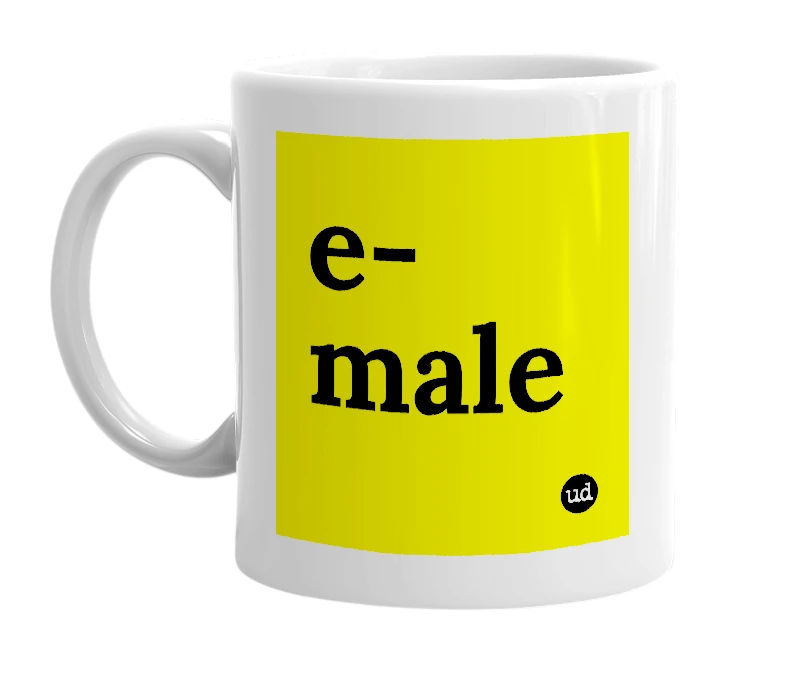 White mug with 'e-male' in bold black letters
