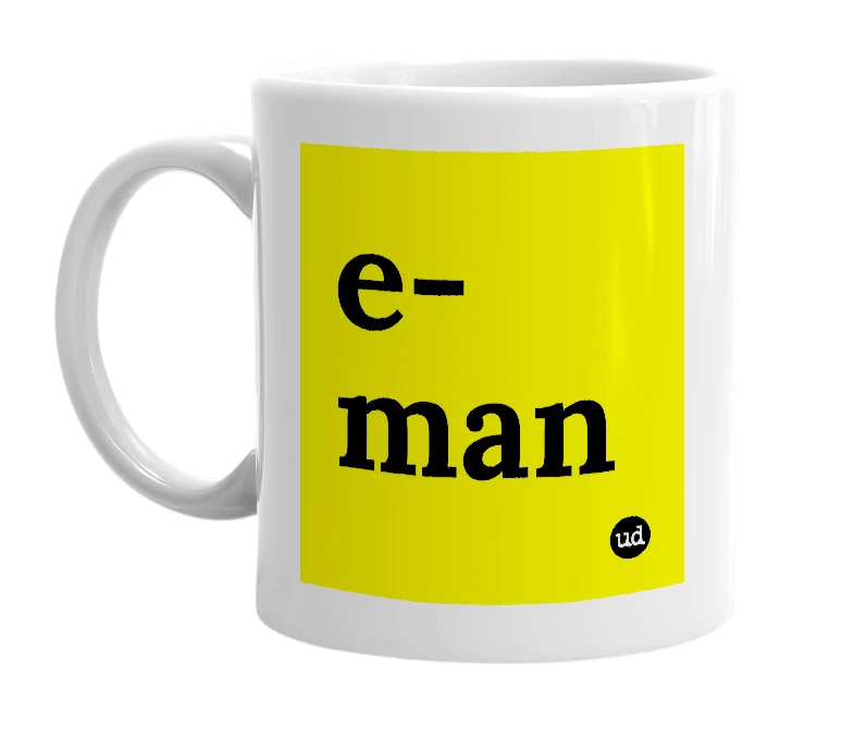 White mug with 'e-man' in bold black letters