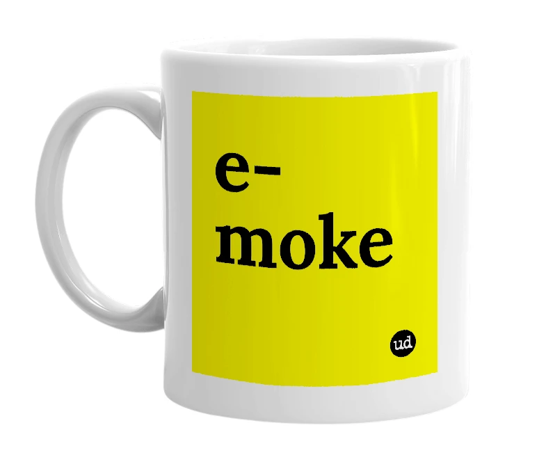 White mug with 'e-moke' in bold black letters