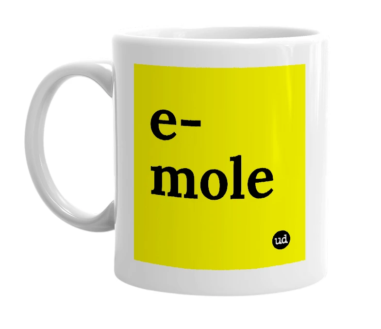 White mug with 'e-mole' in bold black letters