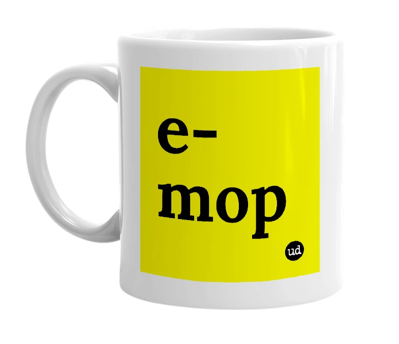 White mug with 'e-mop' in bold black letters