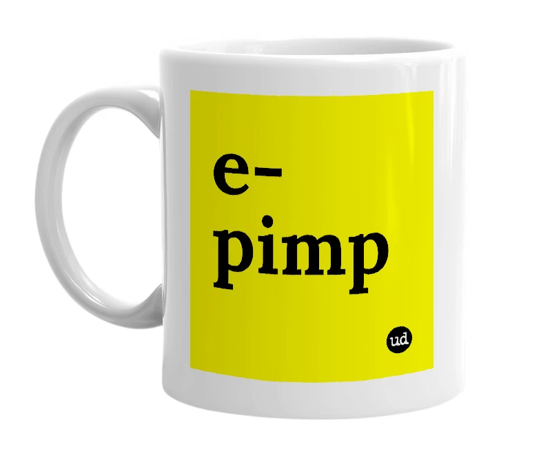 White mug with 'e-pimp' in bold black letters