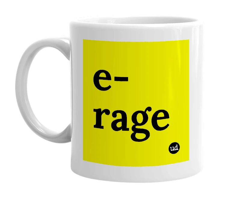 White mug with 'e-rage' in bold black letters