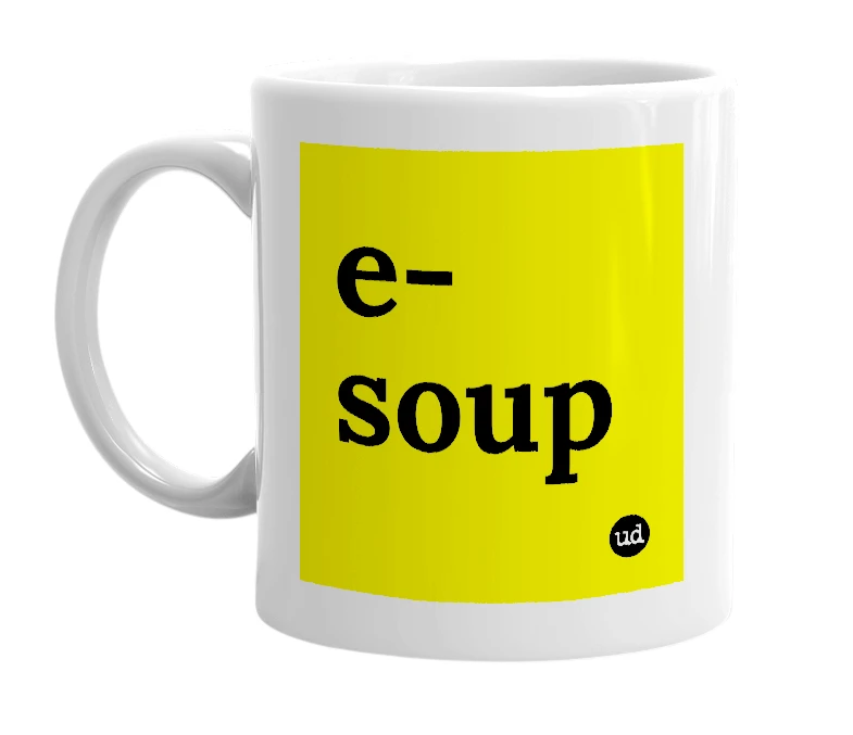 White mug with 'e-soup' in bold black letters