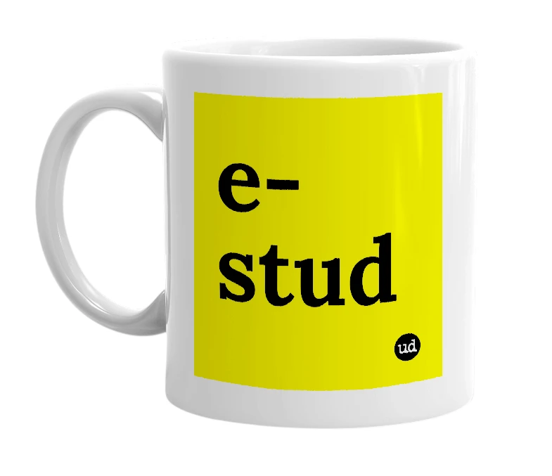 White mug with 'e-stud' in bold black letters