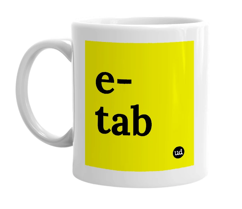 White mug with 'e-tab' in bold black letters