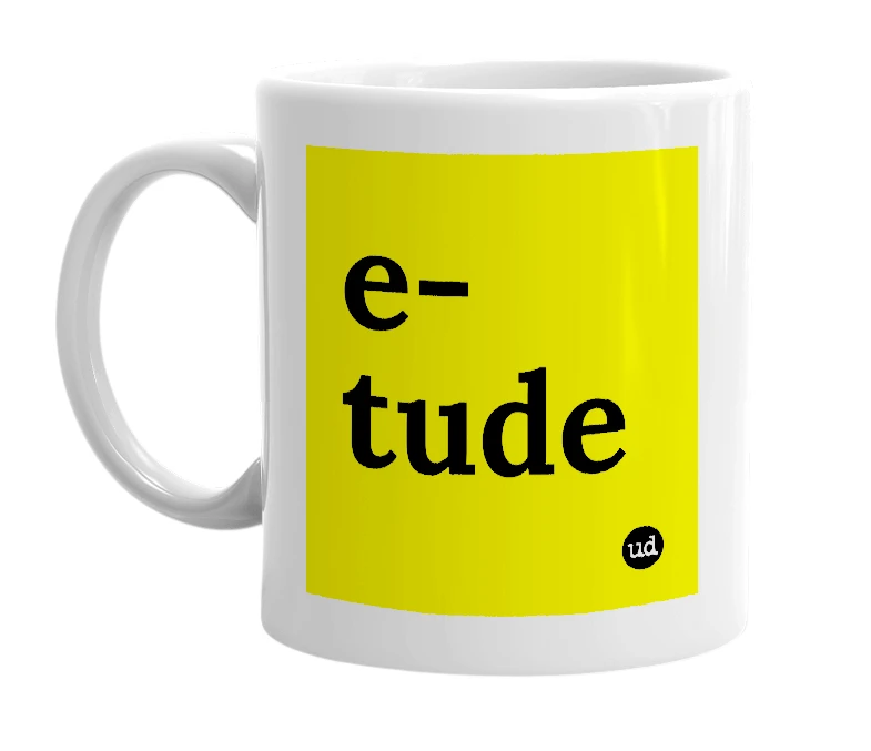 White mug with 'e-tude' in bold black letters