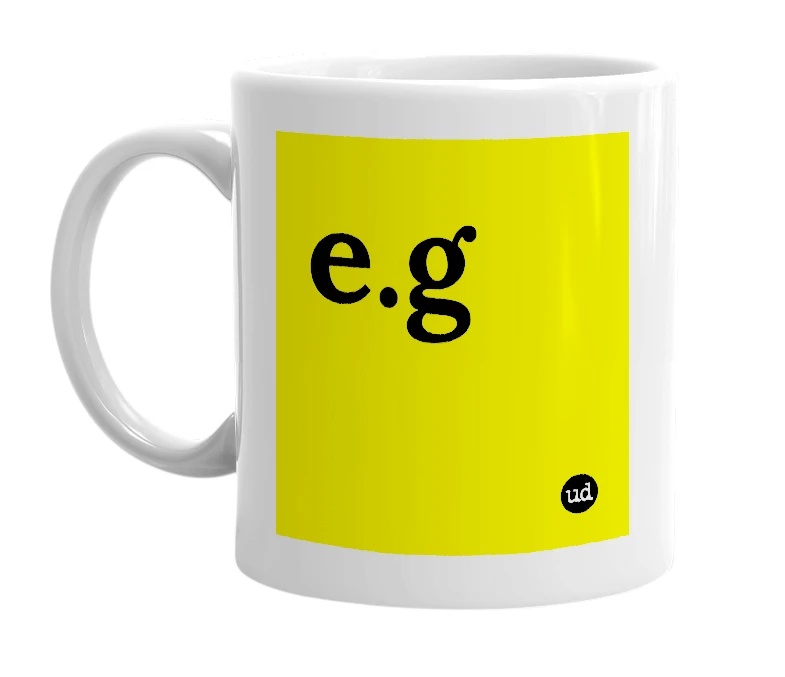 White mug with 'e.g' in bold black letters