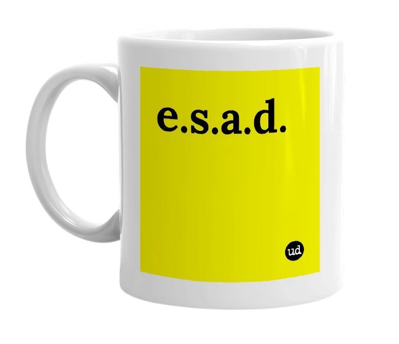 White mug with 'e.s.a.d.' in bold black letters