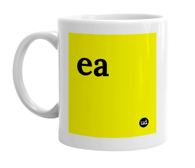 White mug with 'ea' in bold black letters
