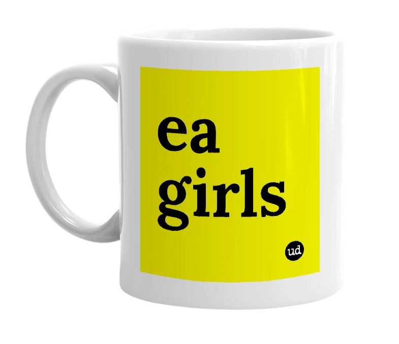 White mug with 'ea girls' in bold black letters