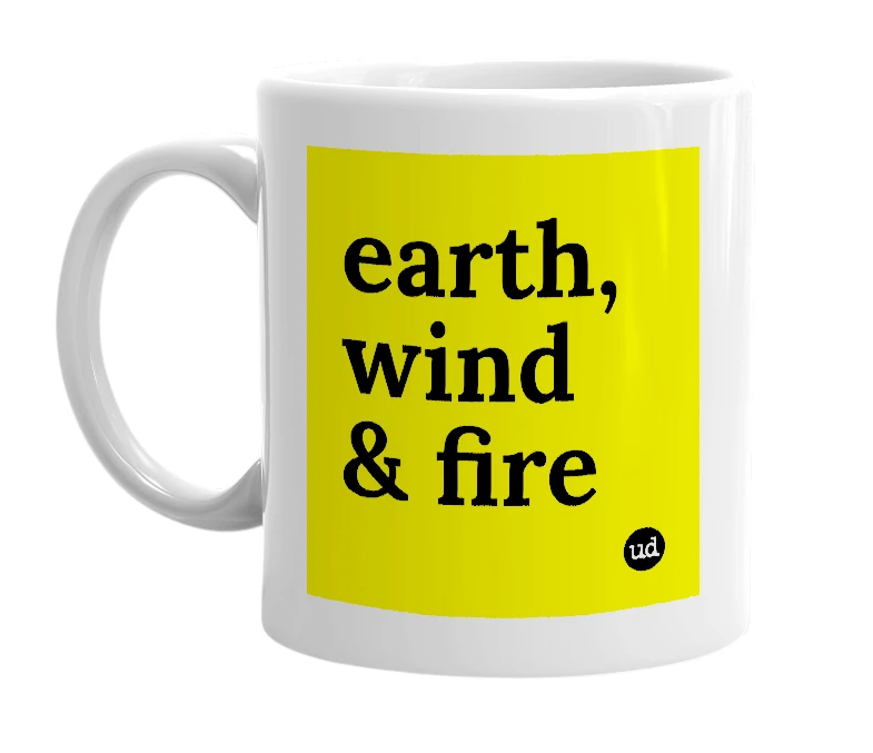 White mug with 'earth, wind & fire' in bold black letters
