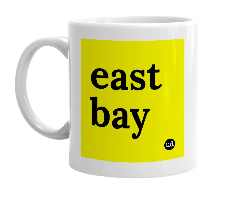 White mug with 'east bay' in bold black letters