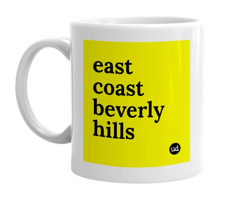 White mug with 'east coast beverly hills' in bold black letters