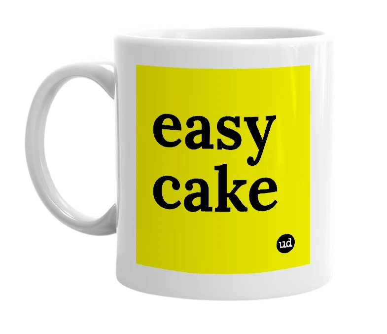 White mug with 'easy cake' in bold black letters