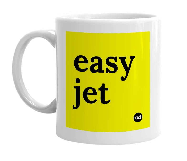White mug with 'easy jet' in bold black letters