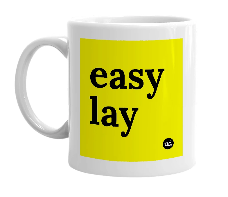 White mug with 'easy lay' in bold black letters