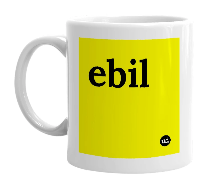 White mug with 'ebil' in bold black letters