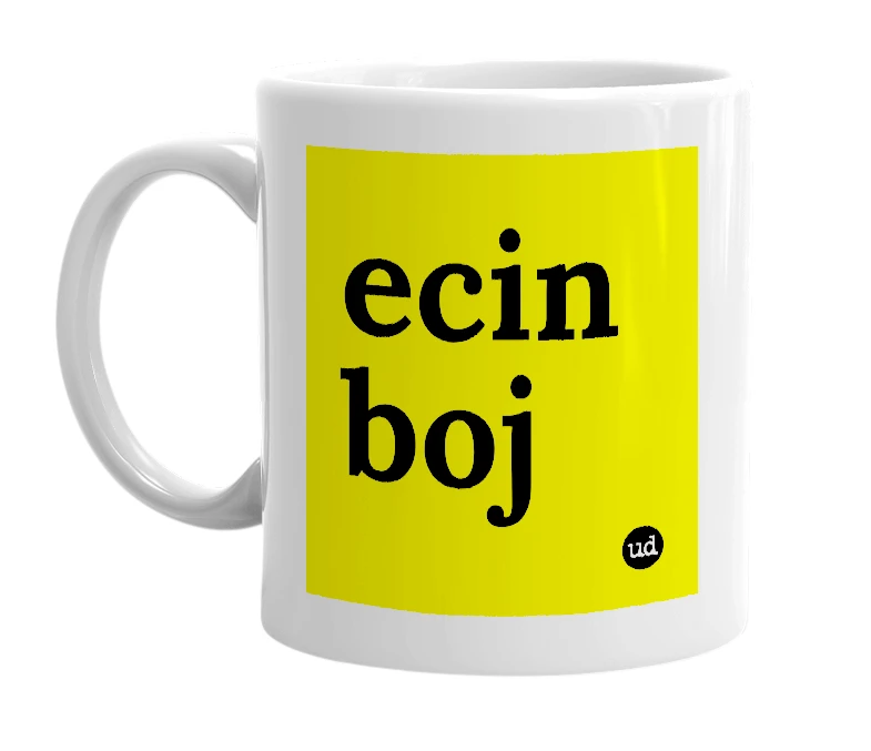 White mug with 'ecin boj' in bold black letters