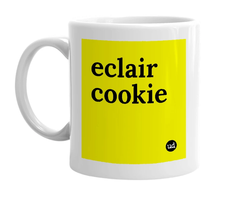 White mug with 'eclair cookie' in bold black letters