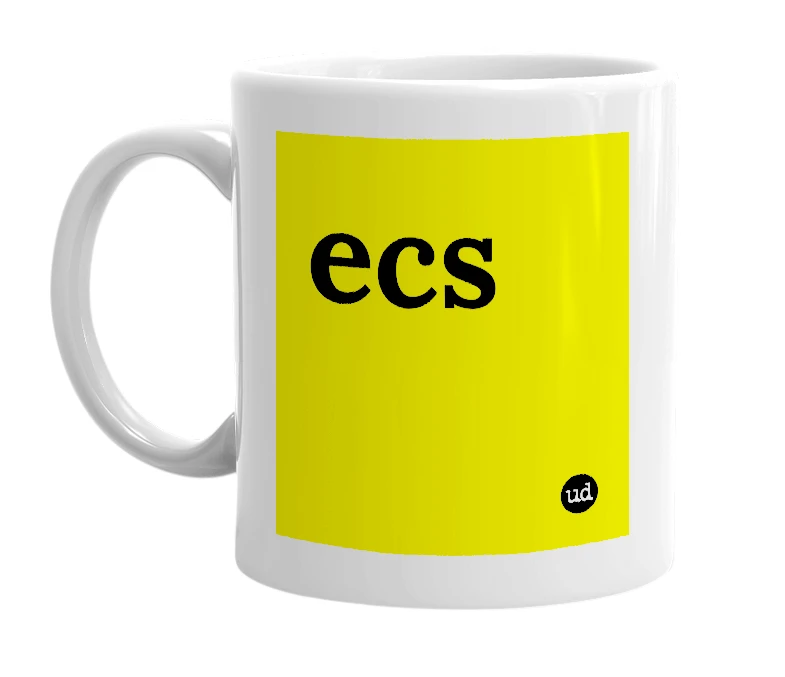 White mug with 'ecs' in bold black letters