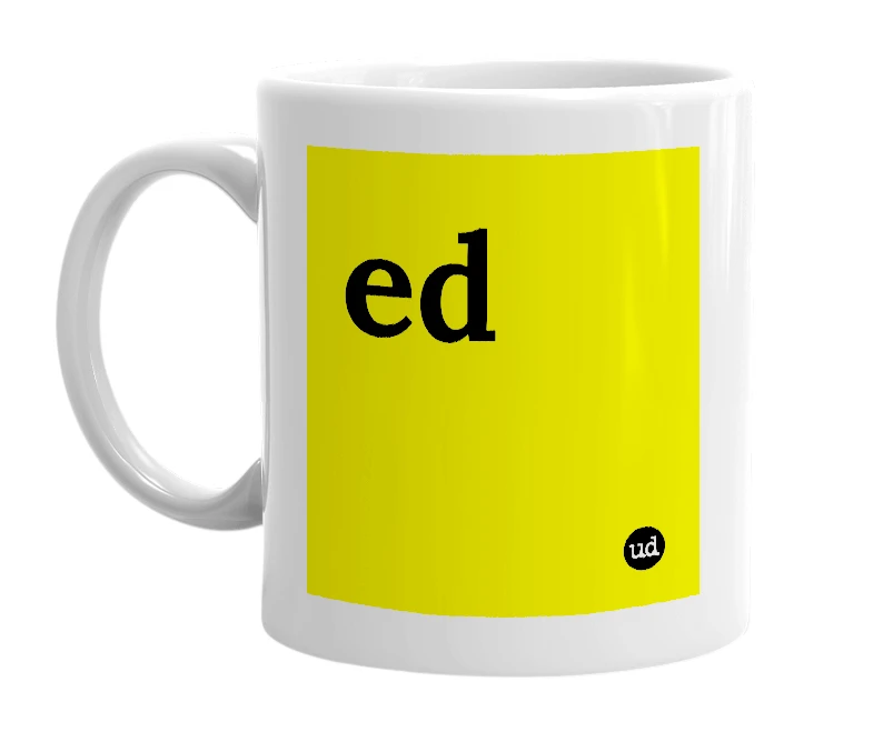 White mug with 'ed' in bold black letters