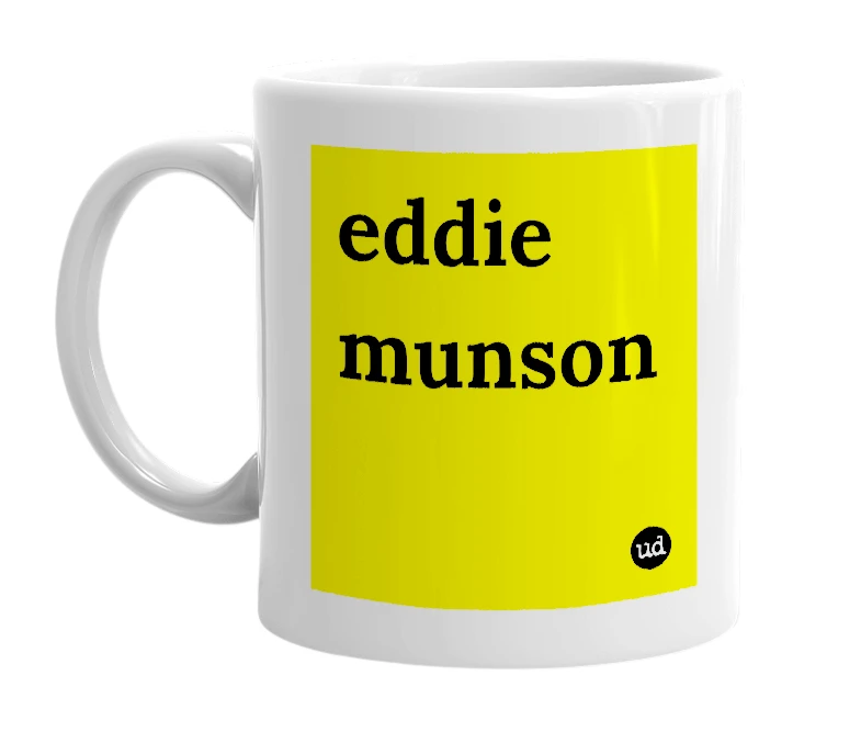 White mug with 'eddie munson' in bold black letters