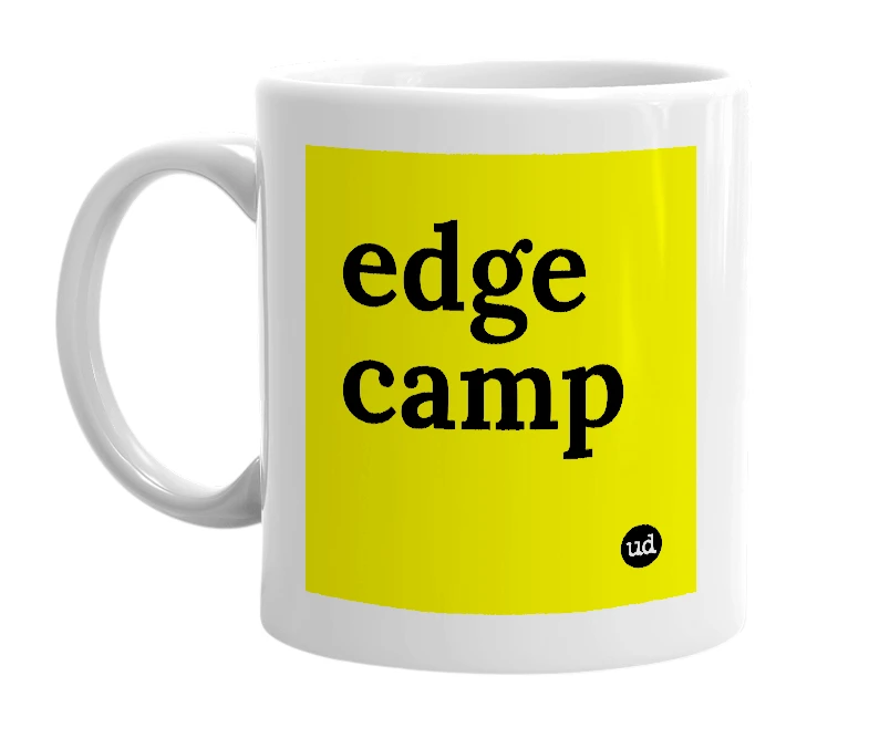 White mug with 'edge camp' in bold black letters