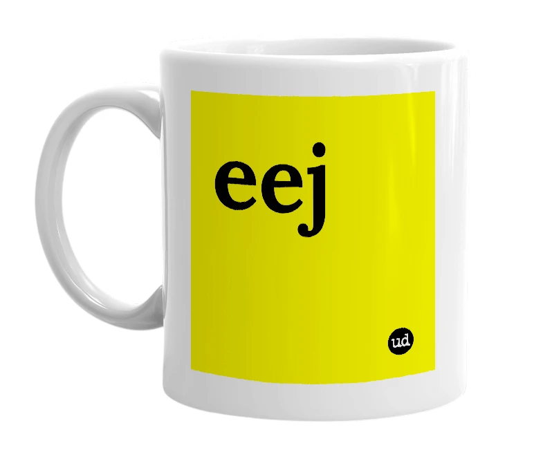 White mug with 'eej' in bold black letters