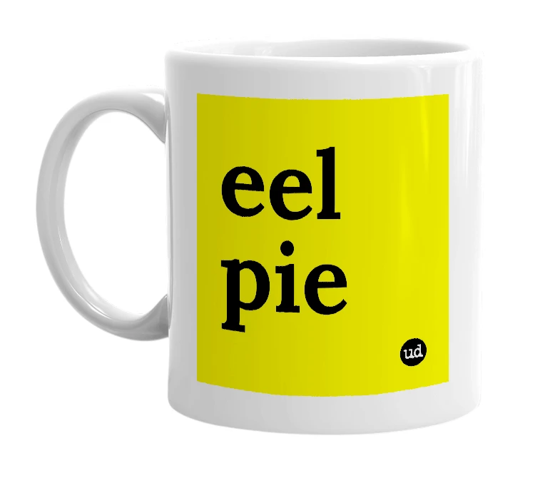 White mug with 'eel pie' in bold black letters