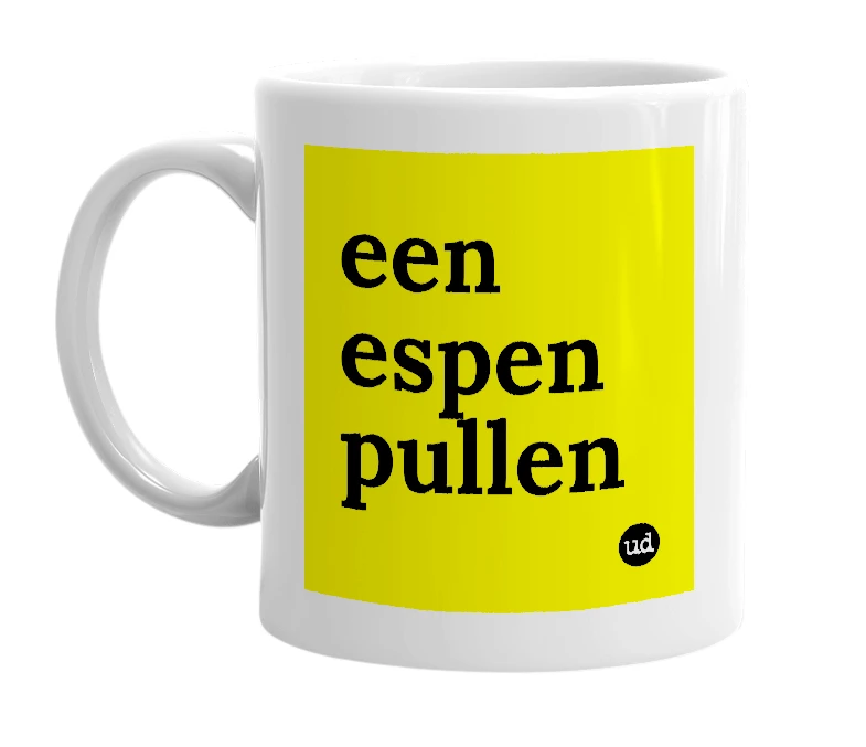 White mug with 'een espen pullen' in bold black letters