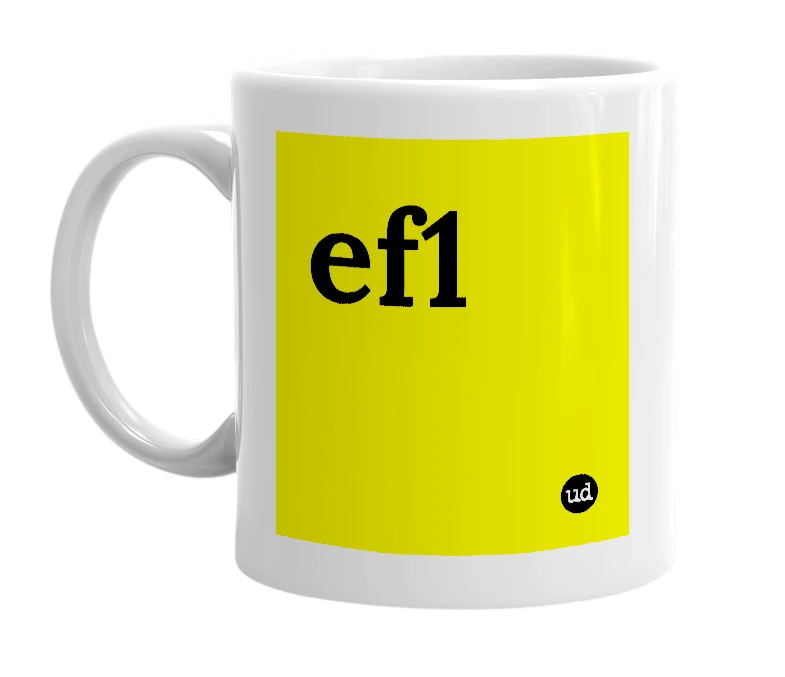 White mug with 'ef1' in bold black letters