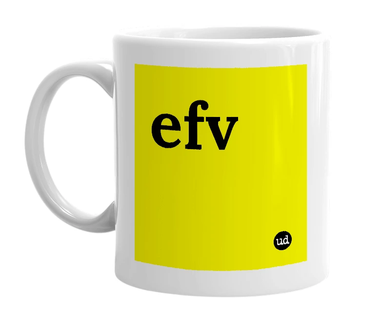 White mug with 'efv' in bold black letters