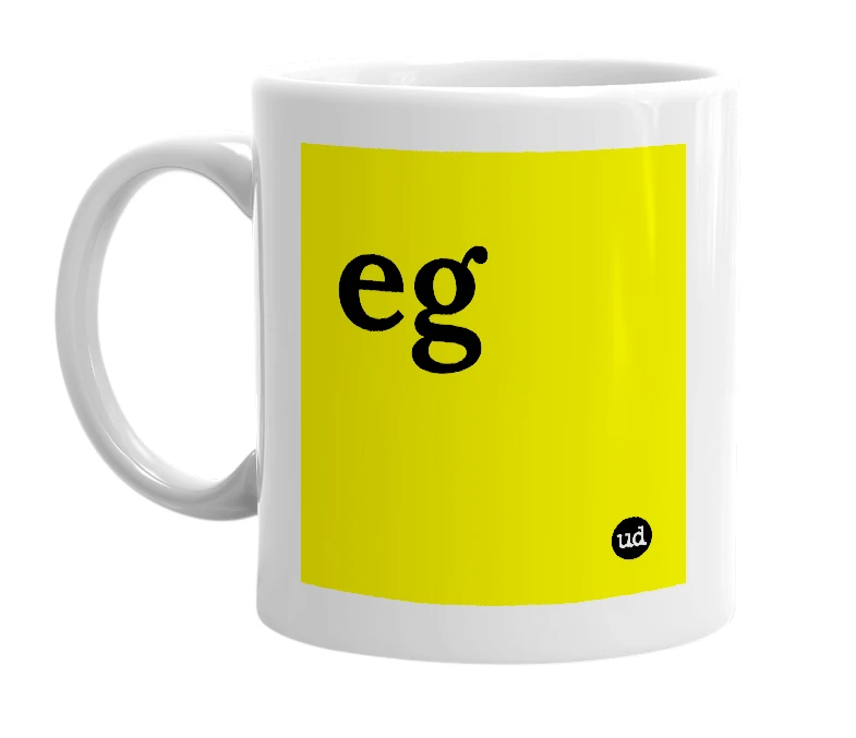 White mug with 'eg' in bold black letters