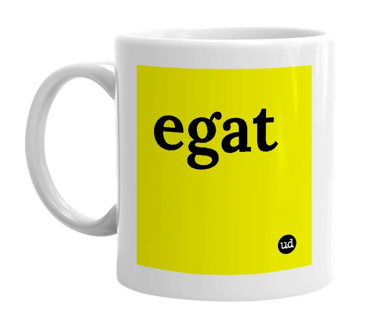 White mug with 'egat' in bold black letters