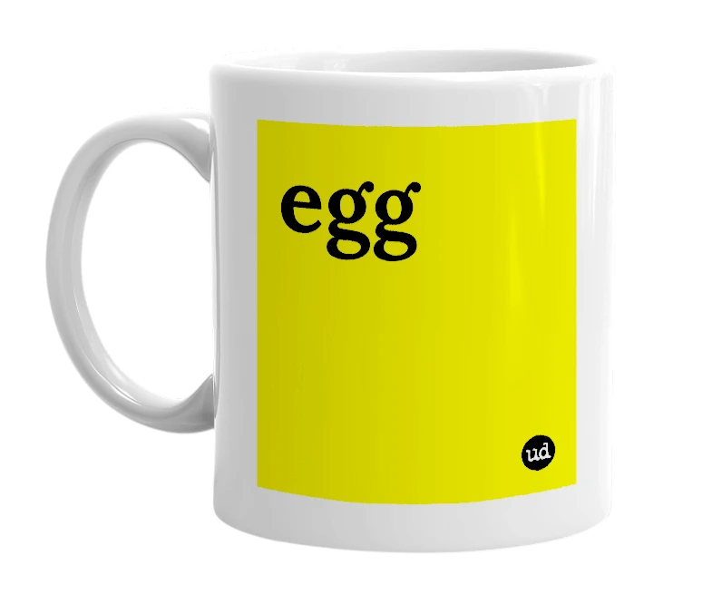 White mug with 'egg' in bold black letters