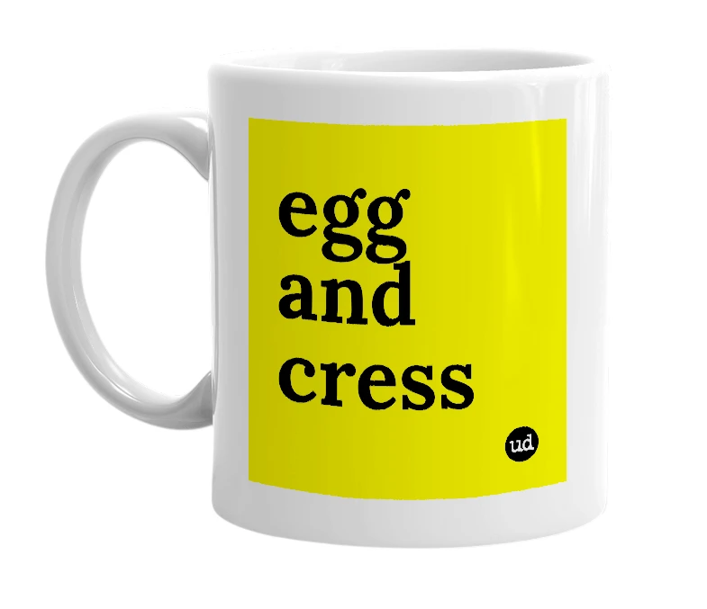 White mug with 'egg and cress' in bold black letters