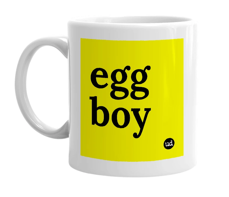 White mug with 'egg boy' in bold black letters