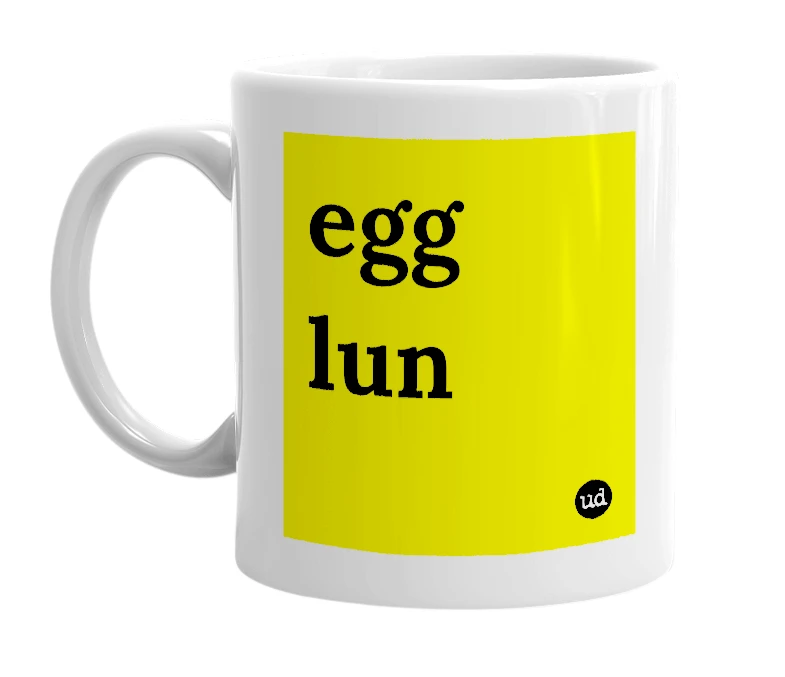 White mug with 'egg lun' in bold black letters