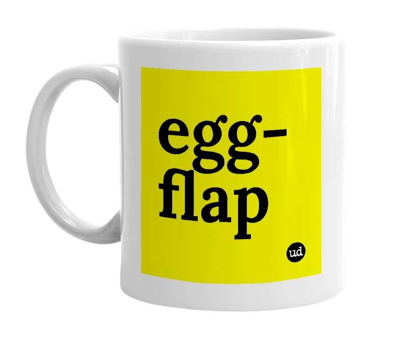 White mug with 'egg-flap' in bold black letters